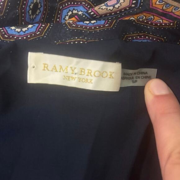 Ramy Brook Printed Davie Silk Smocked V Mini Dress EUC Navy/Pattern Size Small - Picture 8 of 10